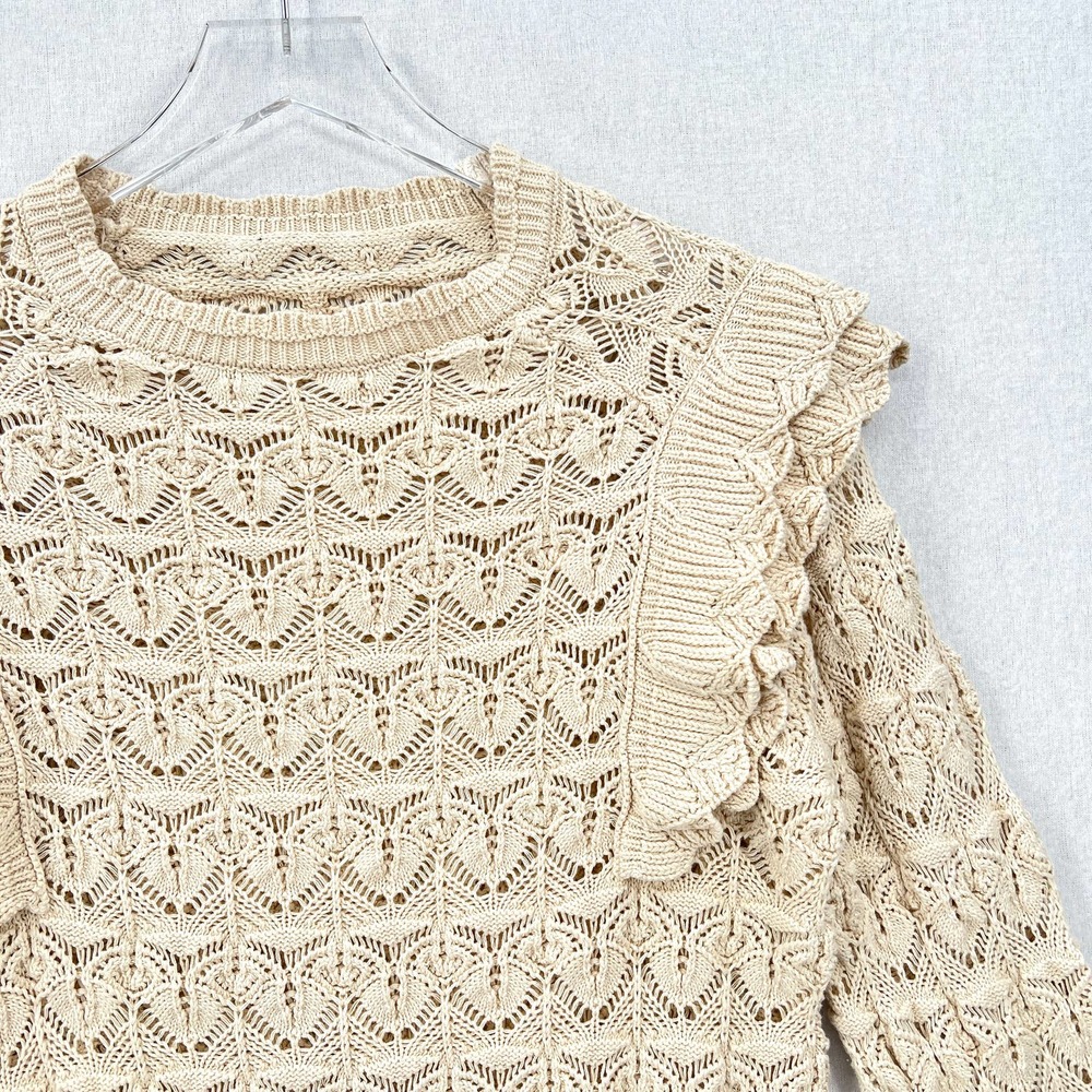 LINE + DOT Diane Sweater Womens Large Cream Crochet Ruffle Shoulder Round Neck - Picture 7 of 15